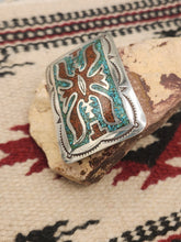 Load image into Gallery viewer, TURQUOISE &amp;CORAL CHIP INLAY BELT BUCKLE  - JUAN T. SINGER
