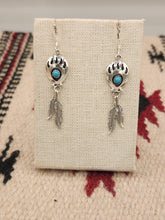 Load image into Gallery viewer, TURQUOISE SMALL BEAR PAW EARRINGS W/2 FEATHERS - ANNIE SPENCER
