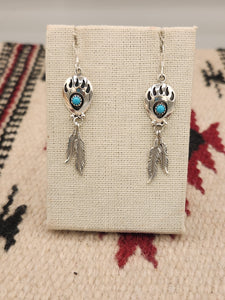 TURQUOISE SMALL BEAR PAW EARRINGS W/2 FEATHERS - ANNIE SPENCER