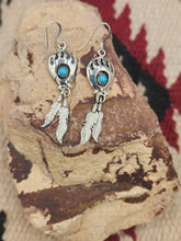 Load image into Gallery viewer, TURQUOISE SMALL BEAR PAW EARRINGS W/2 FEATHERS - ANNIE SPENCER
