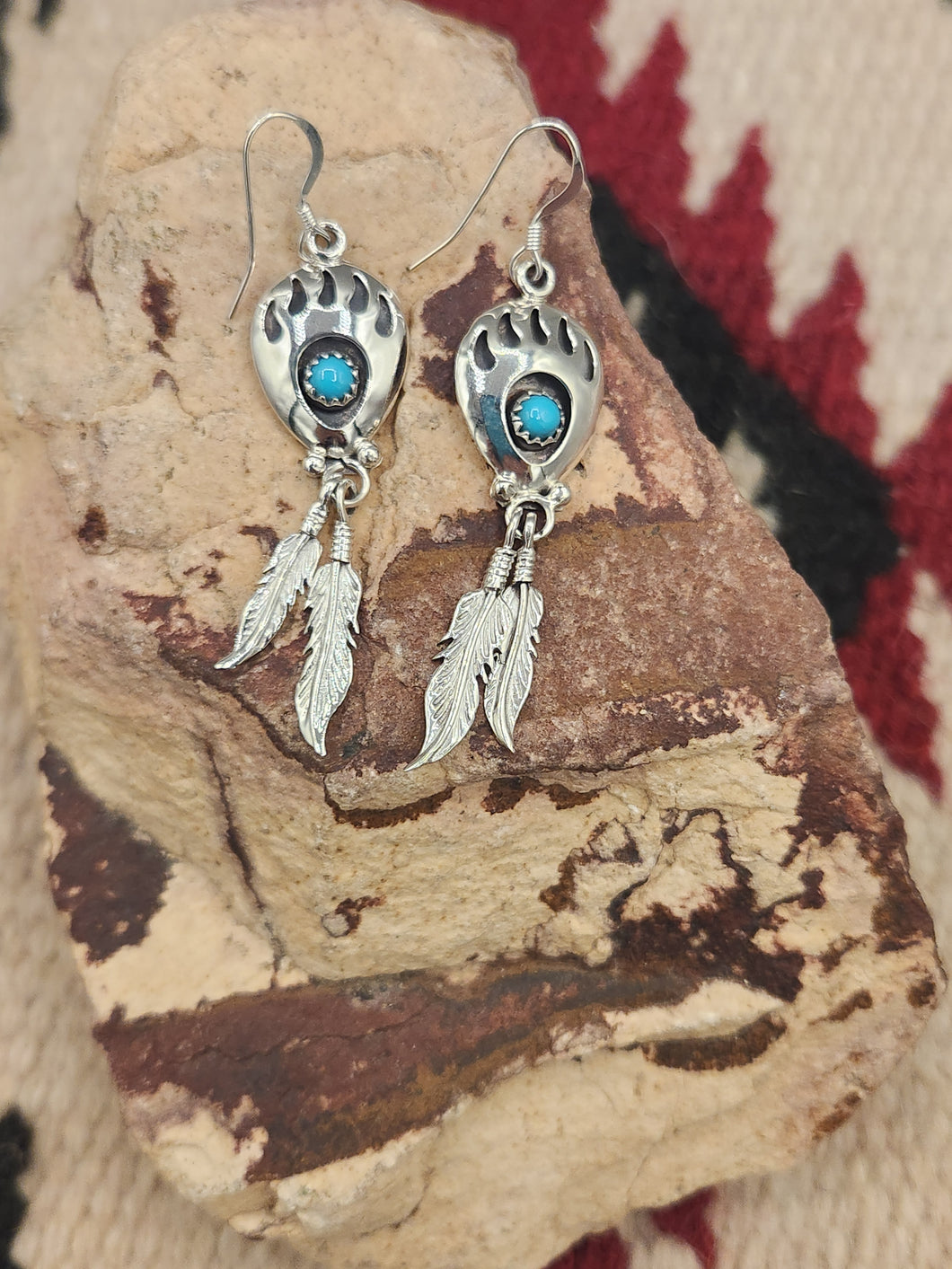 TURQUOISE SMALL BEAR PAW EARRINGS W/2 FEATHERS - ANNIE SPENCER