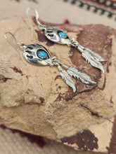 Load image into Gallery viewer, TURQUOISE SMALL BEAR PAW EARRINGS W/2 FEATHERS - ANNIE SPENCER
