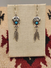 Load image into Gallery viewer, TURQUOISE MEDIUM BEAR PAW EARRINGS WITH 2 FEATHERS - ANNIE SPENCER
