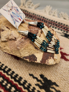 BEADED PORCUPINE QUILL EARRINGS- LITTLE BEAVER - TEAL