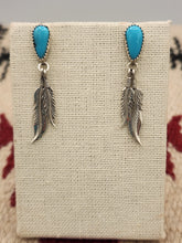 Load image into Gallery viewer, TURQUOISE POST EARRINGS WITH 2 FEATHERS. - ANNIE SPENCER
