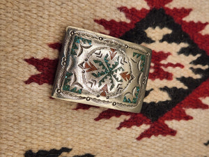 TURQUOISE & CORAL CHIP INLAY BELT BUCKLE  - NAVAJO