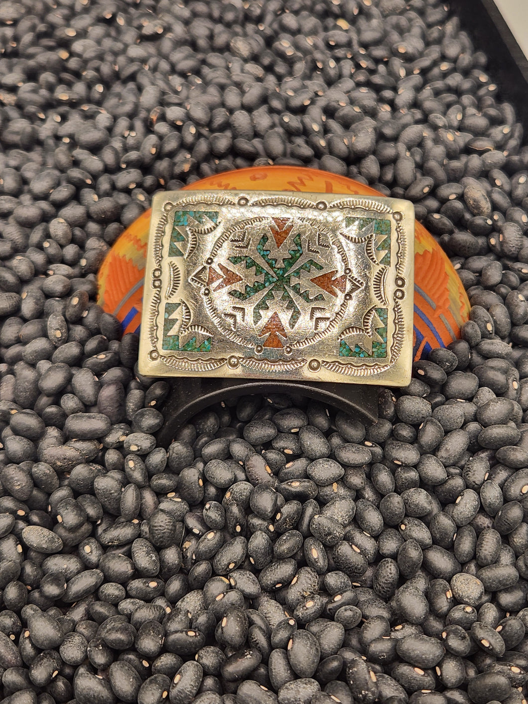 TURQUOISE & CORAL CHIP INLAY BELT BUCKLE  - NAVAJO