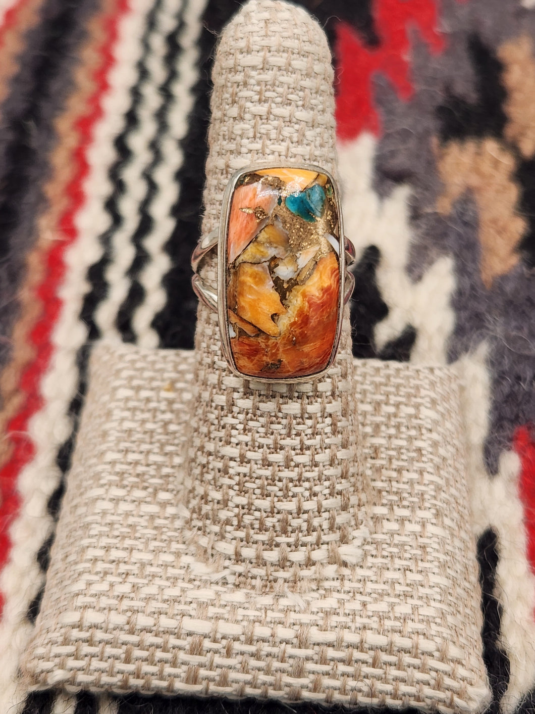 TURQUOISE & SPINY OYSTER SHELL RING - SIZE 7 - RECTANGLE