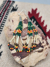 Load image into Gallery viewer, BEADED PORCUPINE QUILL EARRINGS  - LITTLE BEAVER  - DARK GREEN
