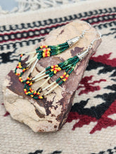 Load image into Gallery viewer, BEADED PORCUPINE QUILL EARRINGS  - LITTLE BEAVER  - DARK GREEN

