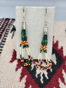 BEADED PORCUPINE QUILL EARRINGS  - LITTLE BEAVER  - DARK GREEN