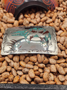 TURQUOISE & CORAL CHIP INLAY BEAR BELT BUCKLE - GLIBERT ORTEGA