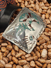 Load image into Gallery viewer, TURQUOISE &amp; CORAL CHIP INLAY BEAR BELT BUCKLE - GLIBERT ORTEGA
