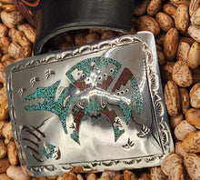 Load image into Gallery viewer, TURQUOISE &amp; CORAL CHIP INLAY BEAR BELT BUCKLE - GLIBERT ORTEGA
