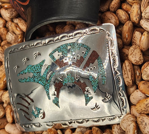 TURQUOISE & CORAL CHIP INLAY BEAR BELT BUCKLE - GLIBERT ORTEGA