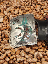 Load image into Gallery viewer, TURQUOISE &amp; CORAL CHIP INLAY BEAR BELT BUCKLE - GLIBERT ORTEGA
