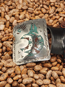 TURQUOISE & CORAL CHIP INLAY BEAR BELT BUCKLE - GLIBERT ORTEGA