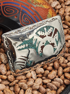 TURQUOISE & CORAL CHIP INLAY BEAR BELT BUCKLE - GLIBERT ORTEGA