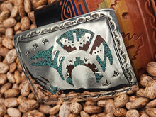 Load image into Gallery viewer, TURQUOISE &amp; CORAL CHIP INLAY BEAR BELT BUCKLE - GLIBERT ORTEGA
