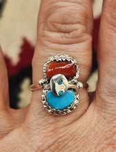 Load image into Gallery viewer, TURQUOISE  &amp; CORAL SNAKE RING - SIZE 6.5 - EFFIE CALAVAZA
