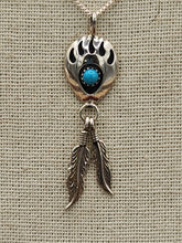 Load image into Gallery viewer, BEAR PAW NECKLACE WITH TURQUOISE &amp; 2 FEATHERS - LEE SHORTY
