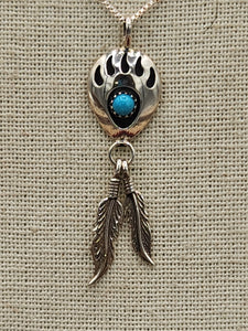 BEAR PAW NECKLACE WITH TURQUOISE & 2 FEATHERS - LEE SHORTY