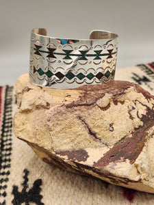TURQUOISE & CORAL CHIP INLAY WIDE CUFF BRACELET- ERWIN TSOSIE