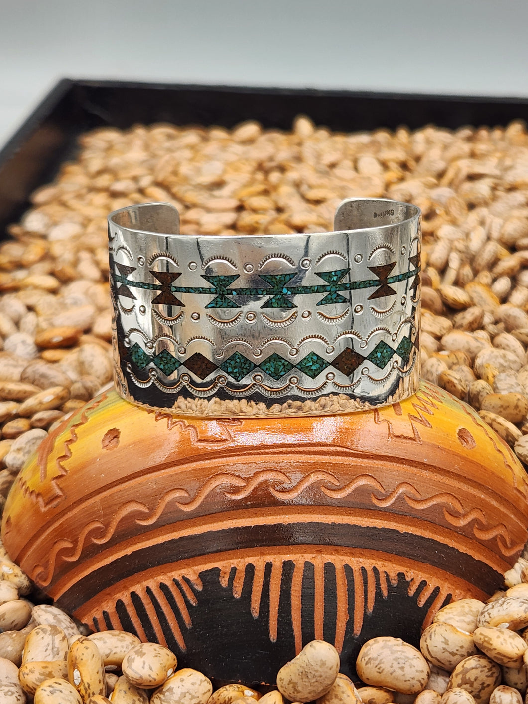 TURQUOISE & CORAL CHIP INLAY WIDE CUFF BRACELET- ERWIN TSOSIE