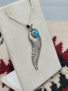 STERLING SILVER TURQUOISE FEATHER NECKLACE  - NAVAJO - SAM ARVISO
