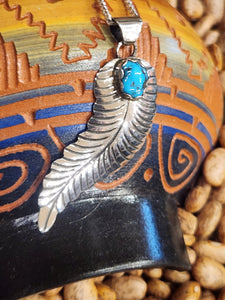 STERLING SILVER TURQUOISE FEATHER NECKLACE  - NAVAJO - SAM ARVISO