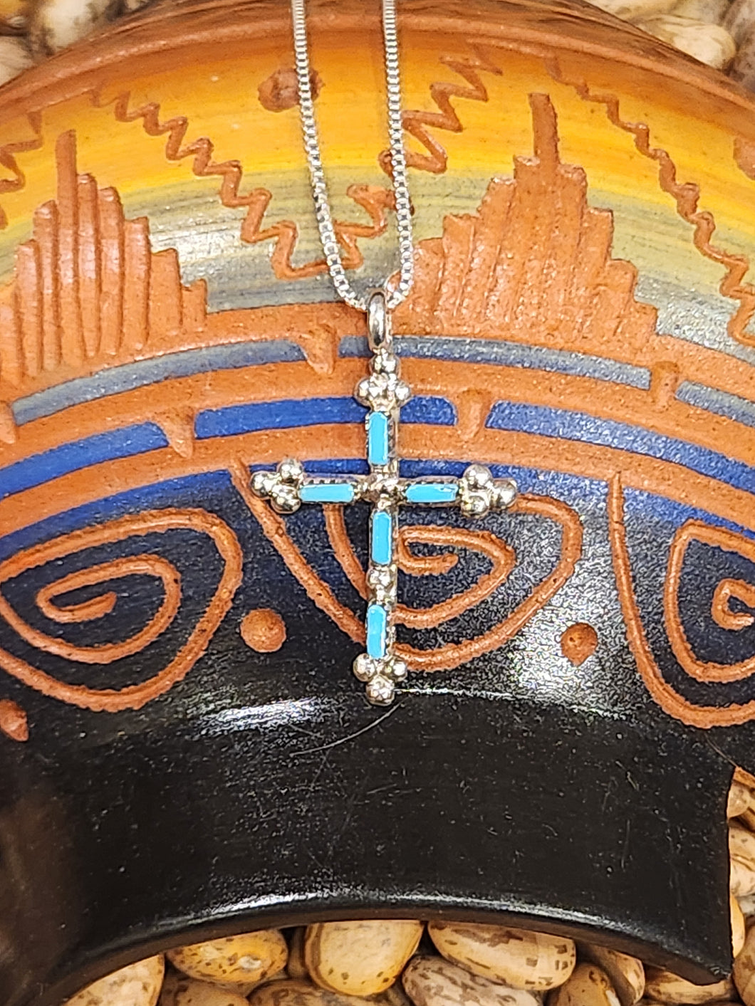 TURQUOISE NEEDLEPOINT CROSS NECKLACE - ZUNI - DAVID KAAMASSE