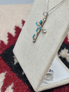 TURQUOISE NEEDLEPOINT CROSS NECKLACE - ZUNI - DAVID KAAMASSE