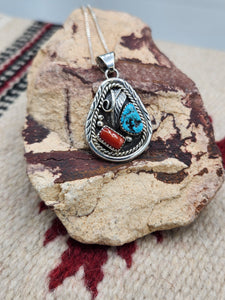 TURQUOISE & CORAL TEARDROP NECKLACE  - RAYMOND YAZZIE
