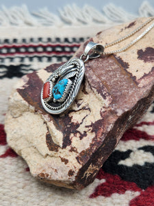 TURQUOISE & CORAL TEARDROP NECKLACE  - RAYMOND YAZZIE