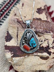 TURQUOISE & CORAL TEARDROP NECKLACE  - RAYMOND YAZZIE