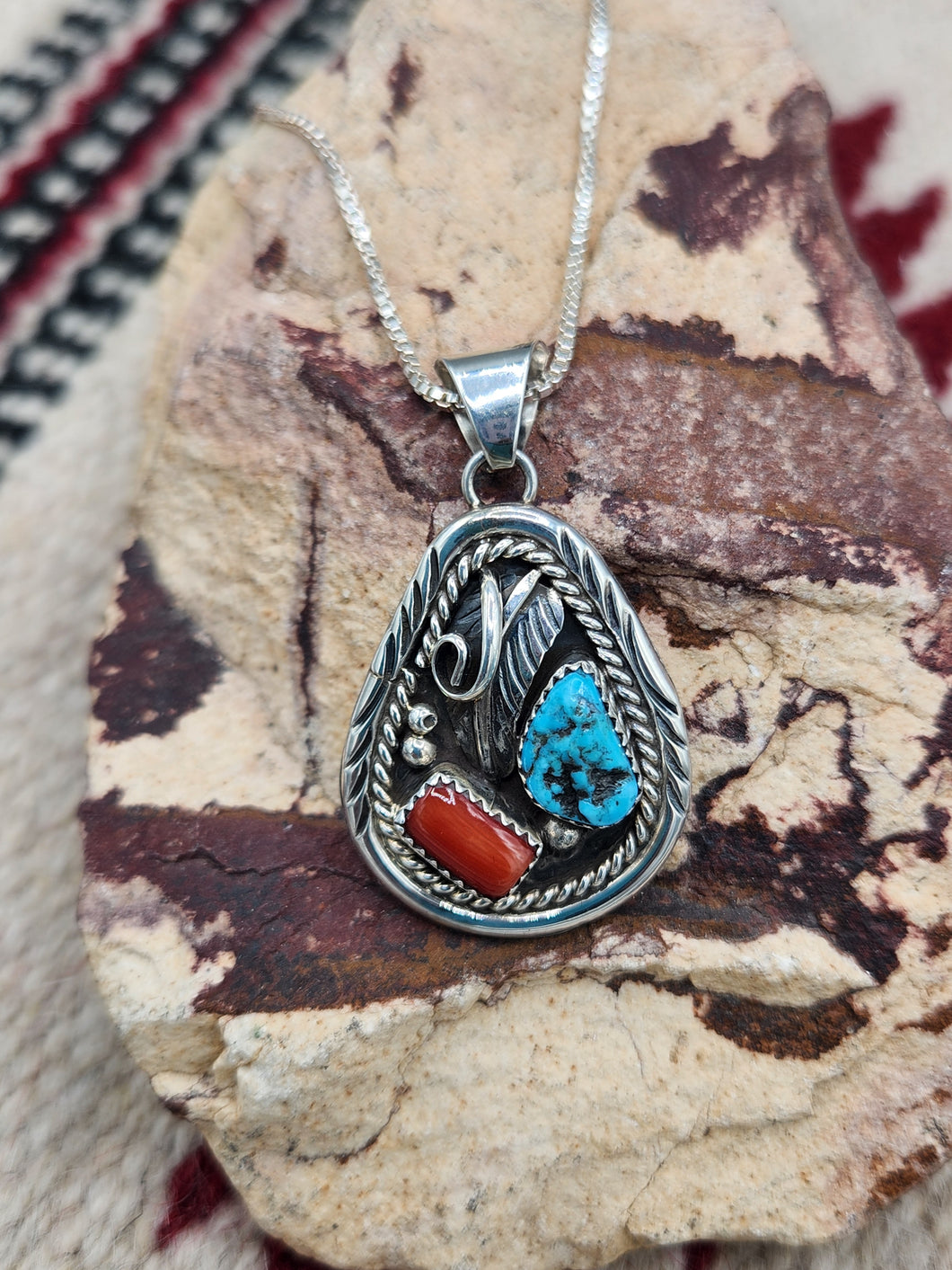 TURQUOISE & CORAL TEARDROP NECKLACE  - RAYMOND YAZZIE
