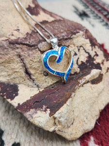 BLUE OPAL INLAY HEART NECKLACE- STERLING SILVER