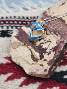 BLUE OPAL INLAY HEART NECKLACE- STERLING SILVER