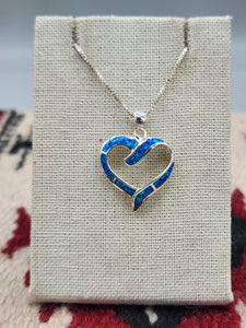 BLUE OPAL INLAY HEART NECKLACE- STERLING SILVER