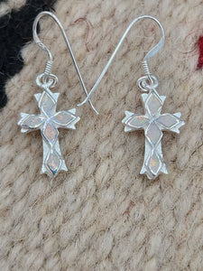 WHITE OPAL INLAY CROSS EARRINGS