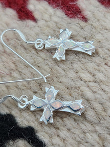 WHITE OPAL INLAY CROSS EARRINGS