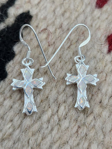 WHITE OPAL INLAY CROSS EARRINGS