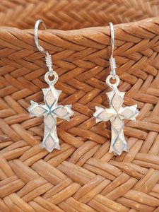 WHITE OPAL INLAY CROSS EARRINGS