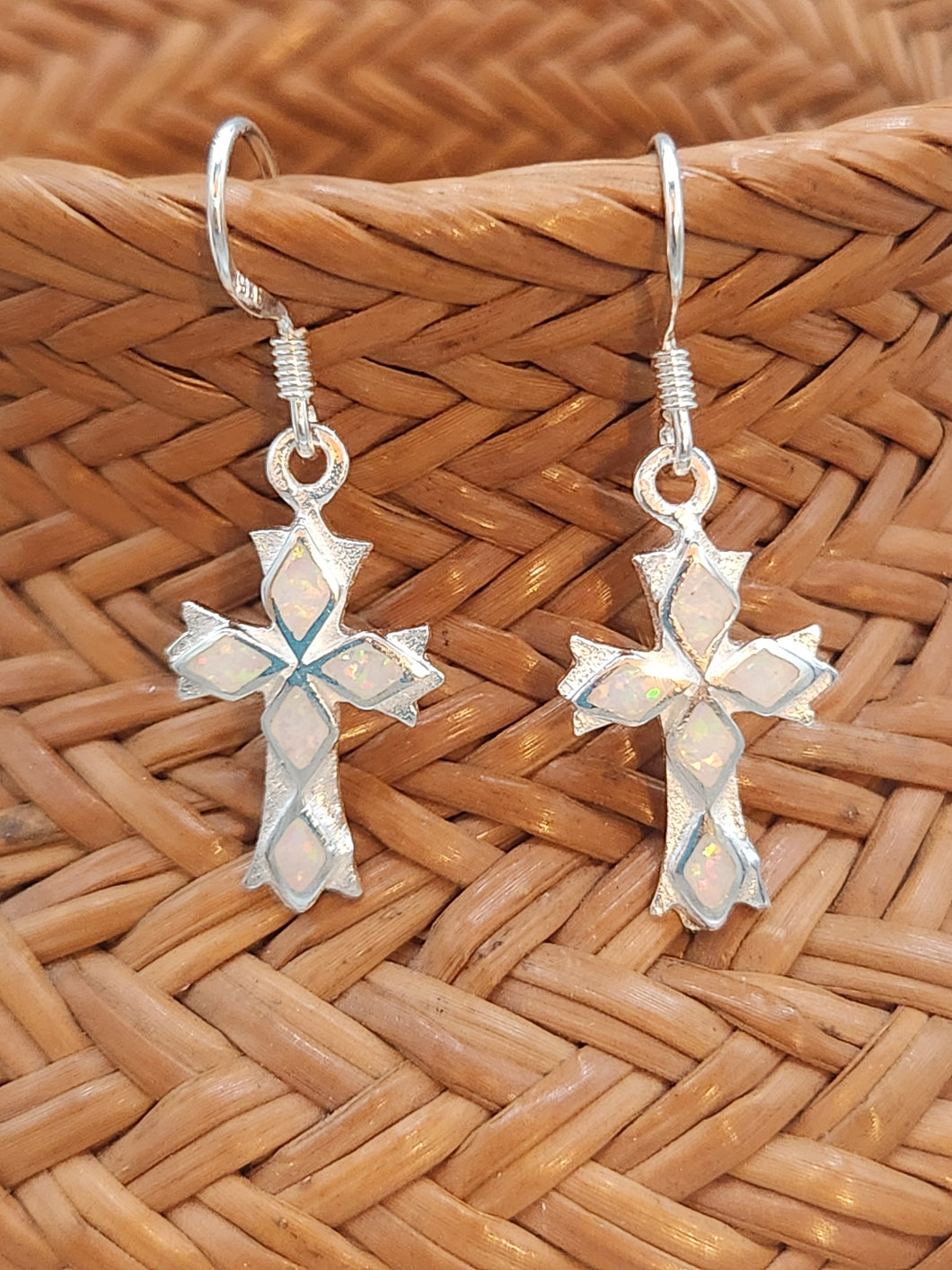 WHITE OPAL INLAY CROSS EARRINGS