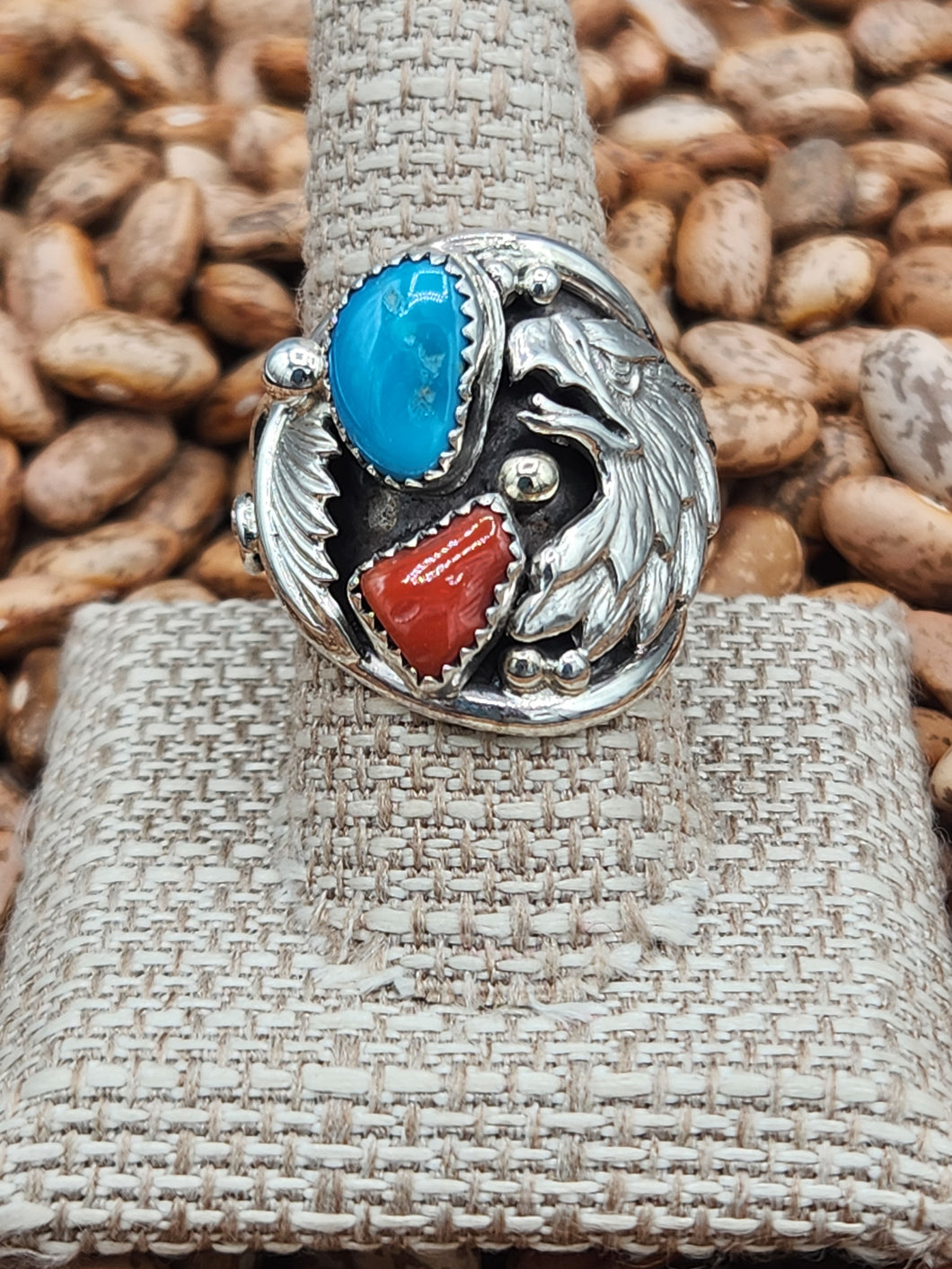 TURQUOISE & CORAL EAGLE RING - SIZE 10 - JEANETTE SAUNDERS