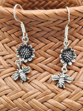 Load image into Gallery viewer, SUNFLOWER &amp; BEE EARRINGS - STERLING SILVER
