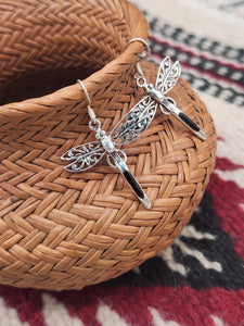 ONYX DRAGONFLY EARRINGS  - STERLING SILVER