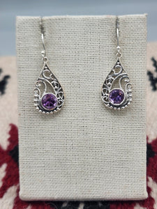 AMETHYST TEARDROP FILIGREE EARRINGS  - STERLING SILVER