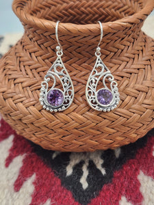AMETHYST TEARDROP FILIGREE EARRINGS  - STERLING SILVER