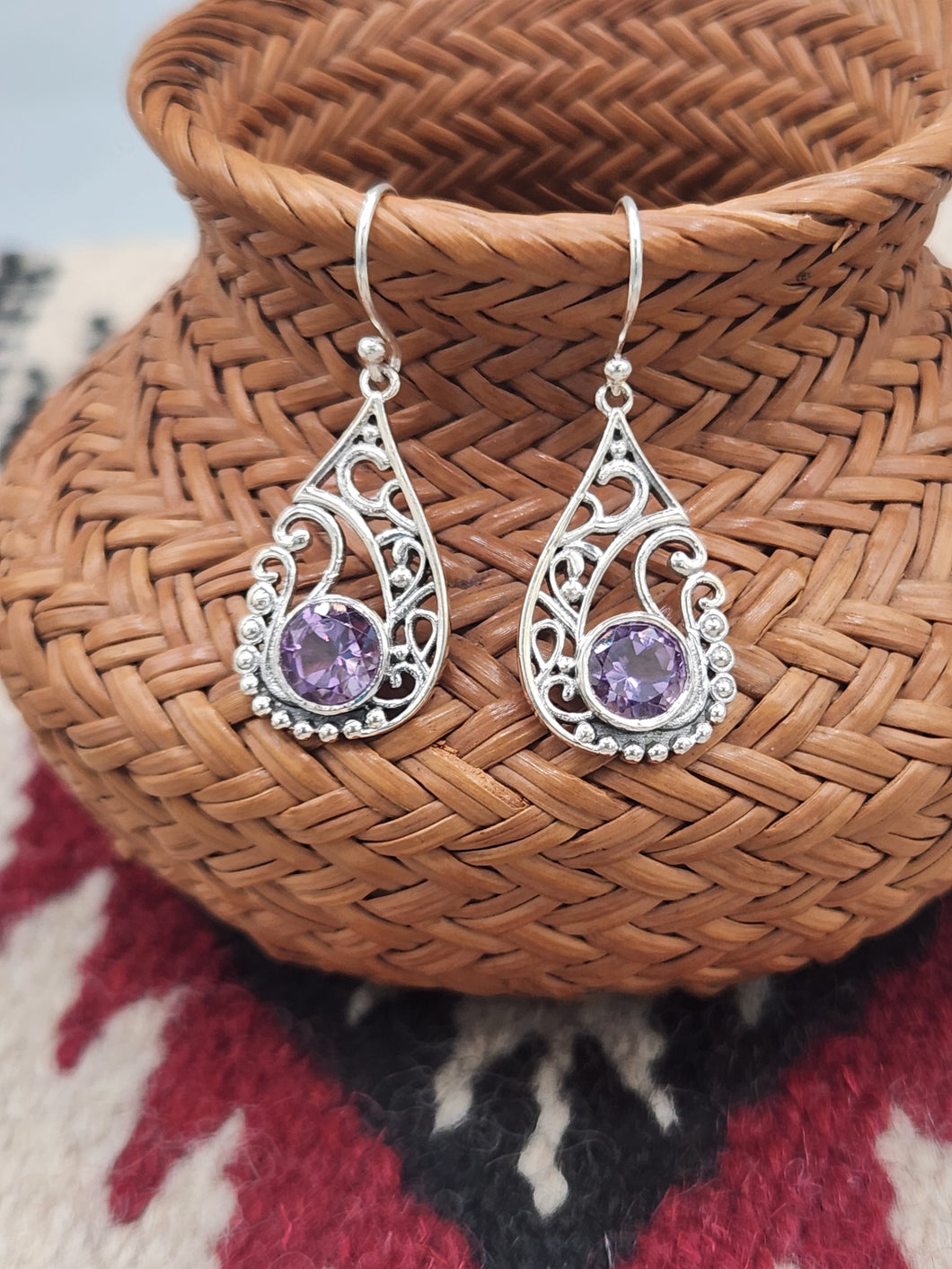 AMETHYST TEARDROP FILIGREE EARRINGS  - STERLING SILVER